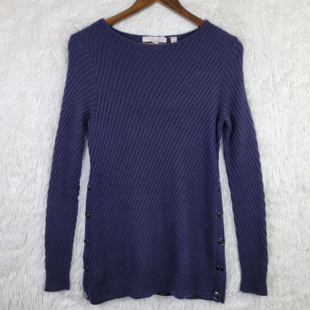 Nordstrom Signature Women XS Navy Blue Ribbed 100% Cashmere Sweater Quiet Luxury